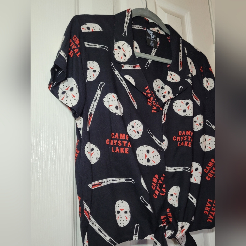 Friday the 13th Camp Crystal Lake Tie-Front Button-up Shirt Machete Horror Large - Picture 6 of 11